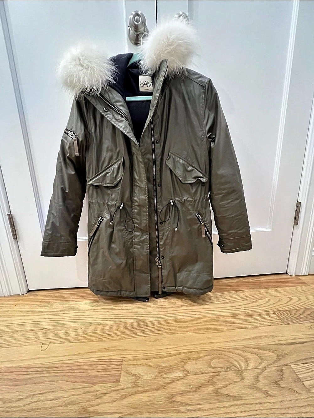 SAM. Hudson Parka. Hooded Parka Green & White Size XS